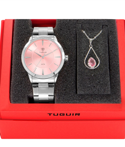 Kit Relgio Feminino Tuguir Analgico TG145 Prata e Rosa com Brinde